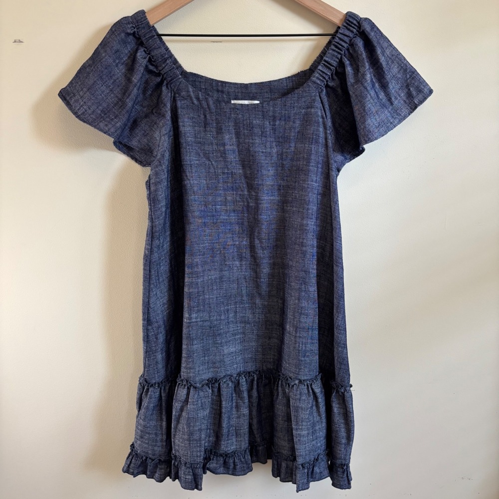 Signature by Robbie Bee Blue Linen Blend Ruffle Hem Shift Dress Large